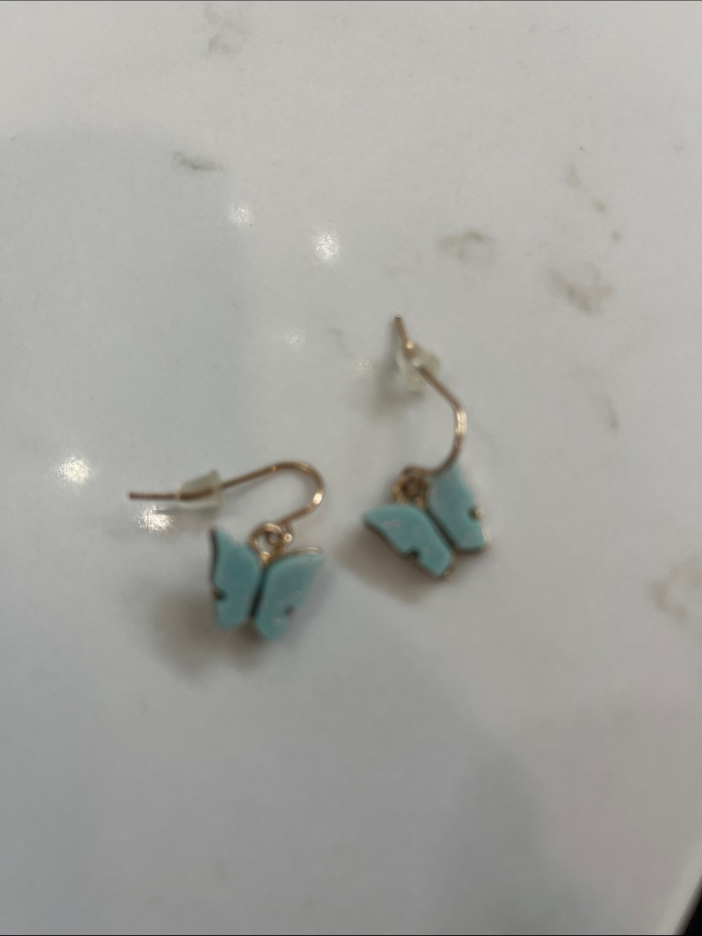 Gold Butterfly Drop Earrings - Light Blue Enamel